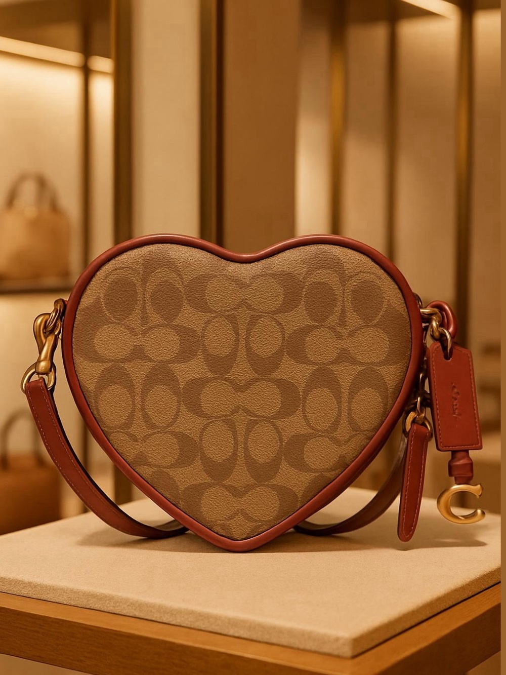 🎉 Coach CE726 Heart Crossbody Bag In Signature Coated Canvas TAN RUST Brass